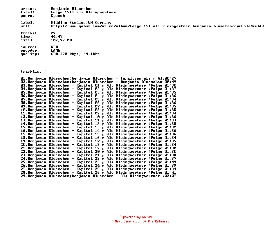 NFO for the release Benjamin_Bluemchen_-_Folge_171_Als_Kleingaertner-ABOOK-WEB-DE-2026-KIDDXXX by KIDDXXX