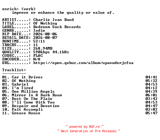 NFO for the release Charlie_Ivan_Band-Of_Nothing-16BIT-WEB-FLAC-2026-ENRiCH by ENRiCH