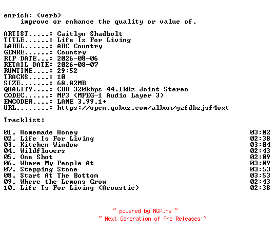 NFO for the release Caitlyn_Shadbolt-Life_Is_For_Living-WEB-2026-ENRiCH by ENRiCH
