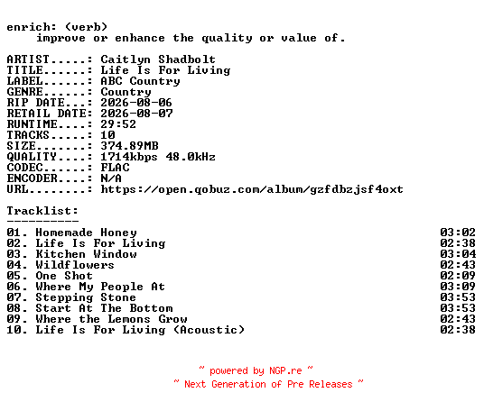 NFO for the release Caitlyn_Shadbolt-Life_Is_For_Living-24BIT-WEB-FLAC-2026-ENRiCH by ENRiCH