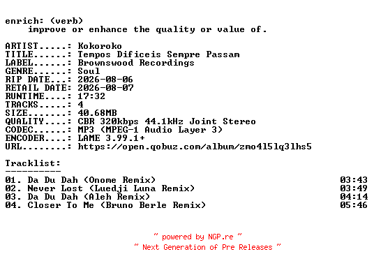 NFO for the release Kokoroko-Tempos_Dificeis_Sempre_Passam-EP-WEB-2026-ENRiCH by ENRiCH