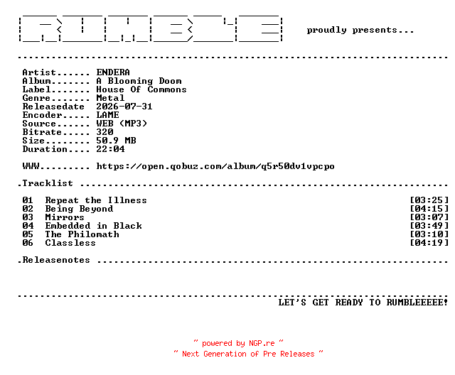 NFO for the release Endera-A_Blooming_Doom-EP-(WEB)-2026-RUMBLE by RUMBLE