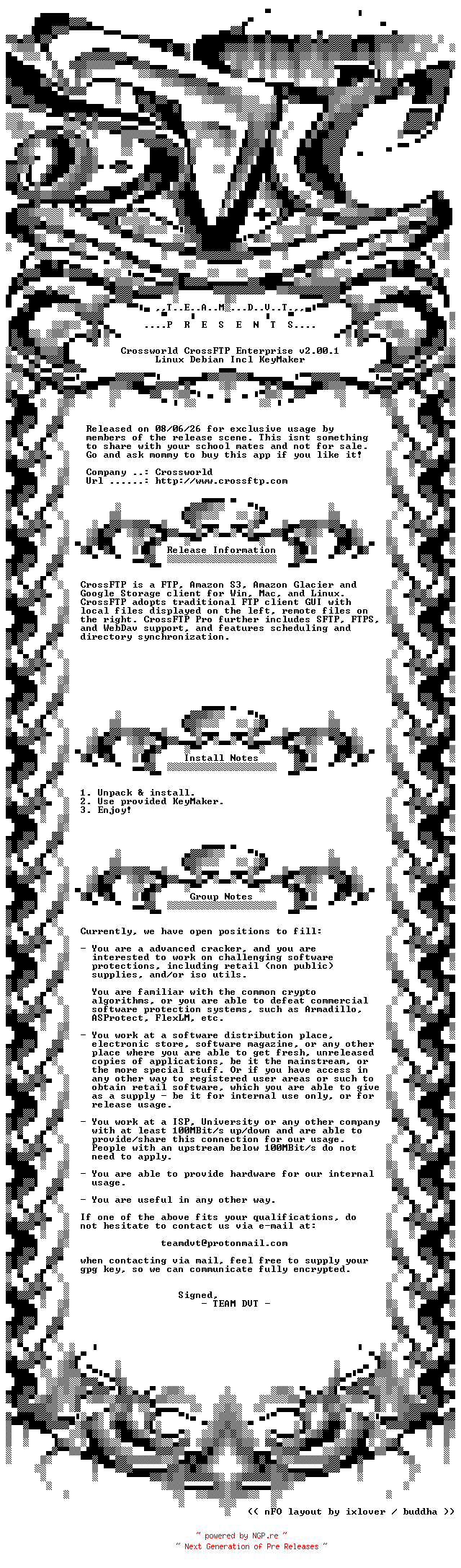NFO for the release Crossworld.CrossFTP.Enterprise.v2.00.1.Linux.Debian.Incl.KeyMaker-DVT by DVT