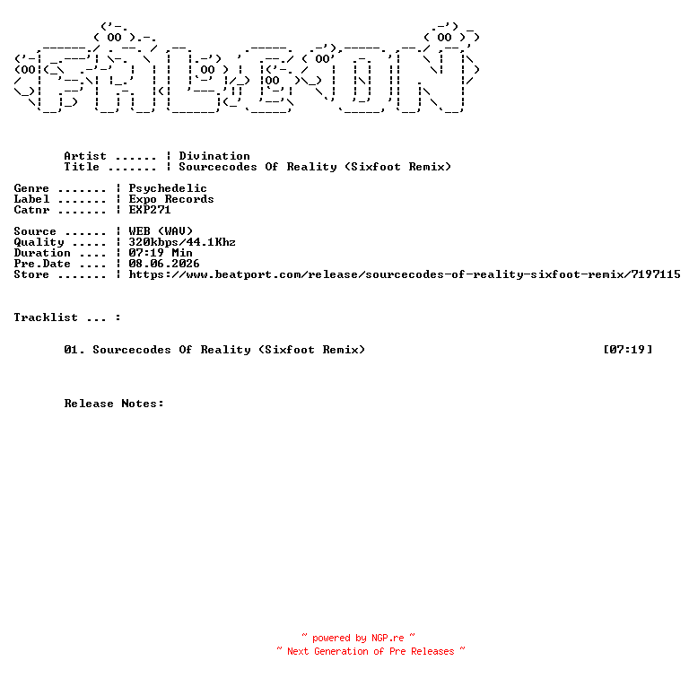NFO for the release Divination-Sourcecodes_Of_Reality_Sixfoot_Remix-(EXP271)-SINGLE-WEB-2017-FALCON by FALCON