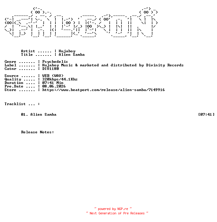 NFO for the release Hujaboy-Alien_Samba-(DIV1180)-SINGLE-WEB-2026-FALCON by FALCON