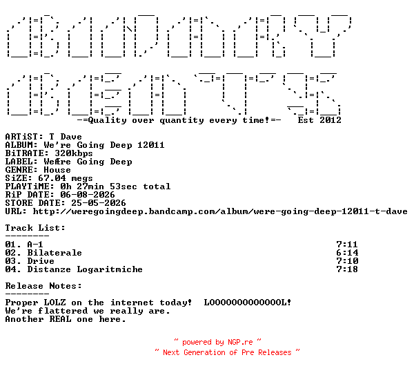 NFO for the release T_Dave-Were_Going_Deep_12011-(WGD12011)-WEB-2026-BB by BB