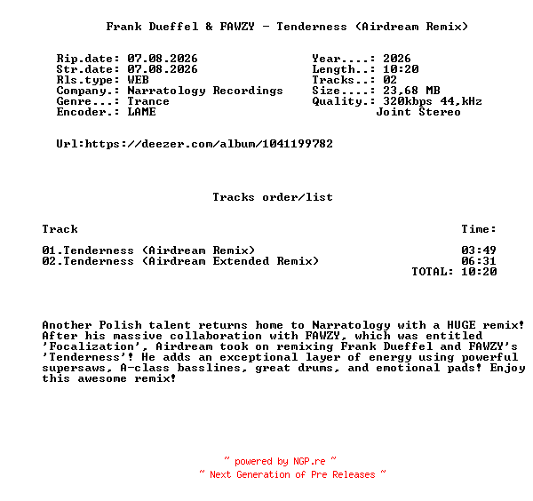 NFO for the release Frank_Dueffel_And_FAWZY_-_Tenderness_(Airdream_Remix)-(NARR052)-WEB-2026-FMC by FMC