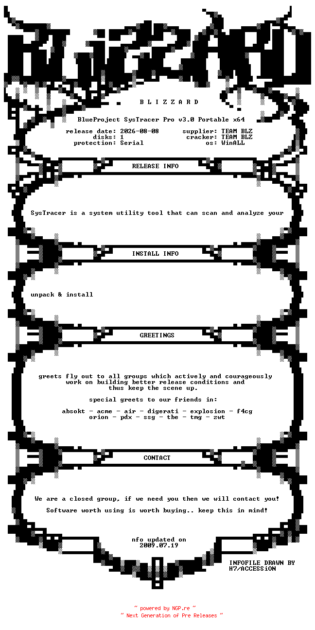 NFO for the release BlueProject.SysTracer.Pro.v3.0.Portable.x64.WinALL.Incl.Keygen-BLiZZARD by BLiZZARD