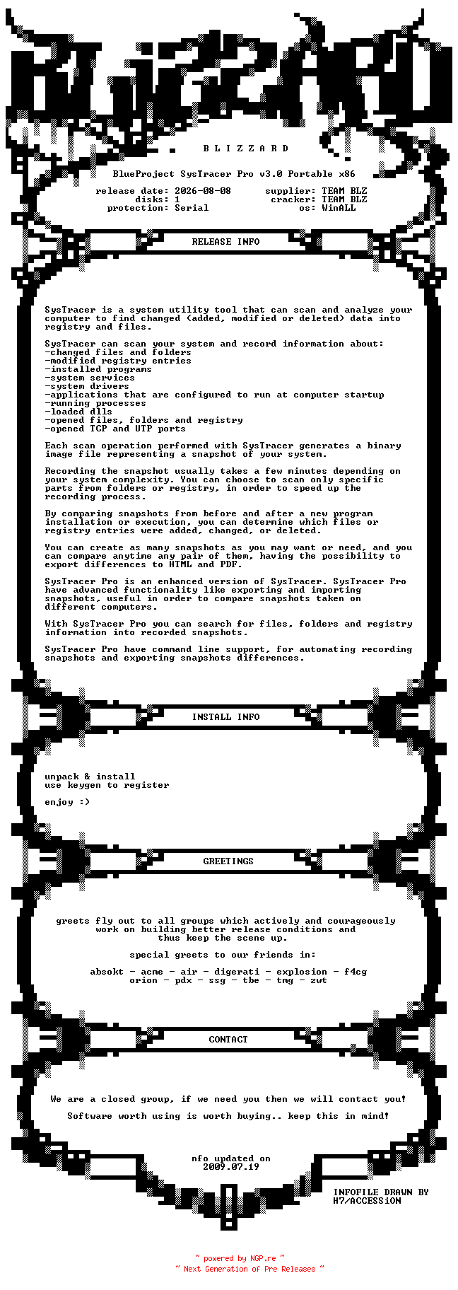 NFO for the release BlueProject.SysTracer.Pro.v3.0.Portable.x86.WinALL.Incl.Keygen-BLiZZARD by BLiZZARD