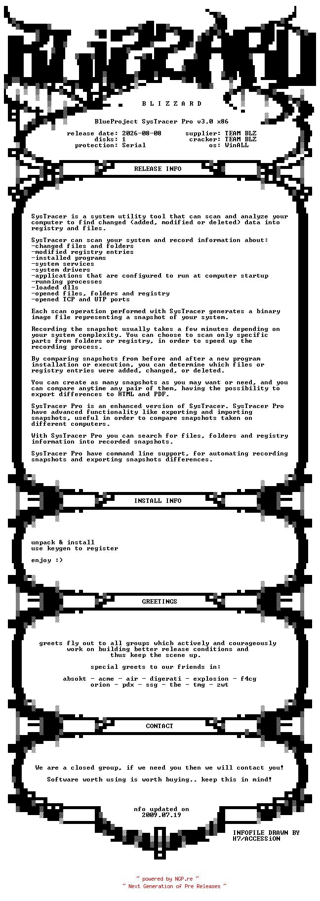 NFO for the release BlueProject.SysTracer.Pro.v3.0.x86.WinALL.Incl.Keygen-BLiZZARD by BLiZZARD