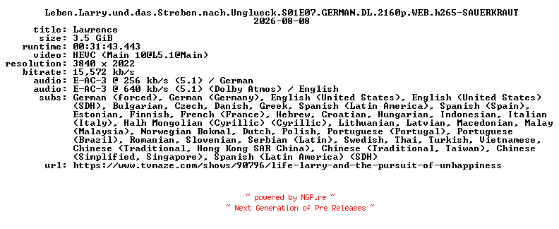 NFO for the release Leben.Larry.und.das.Streben.nach.Unglueck.S01E07.GERMAN.DL.2160p.WEB.h265-SAUERKRAUT by SAUERKRAUT