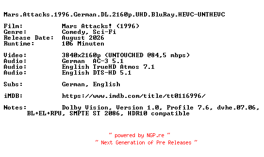 NFO for the release Mars.Attacks.1996.German.DL.2160p.UHD.BluRay.HEVC-UNTHEVC by UNTHEVC