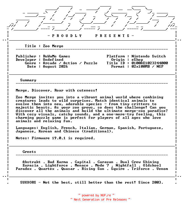 NFO for the release Zoo_Merge_NSW-SUXXORS by SUXXORS