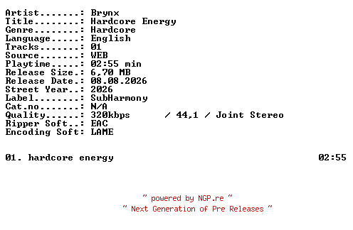 NFO for the release Brynx-Hardcore_Energy-SINGLE-WEB-2026-XTC_iNT by XTC_iNT