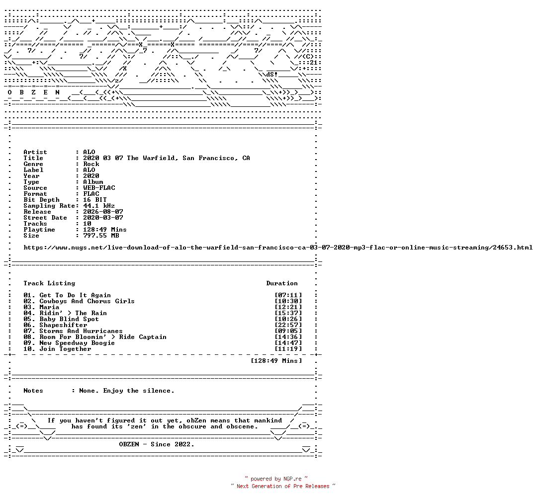 NFO for the release ALO-2020_03_07_The_Warfield_San_Francisco_CA-16BIT-WEB-FLAC-2020-OBZEN by OBZEN