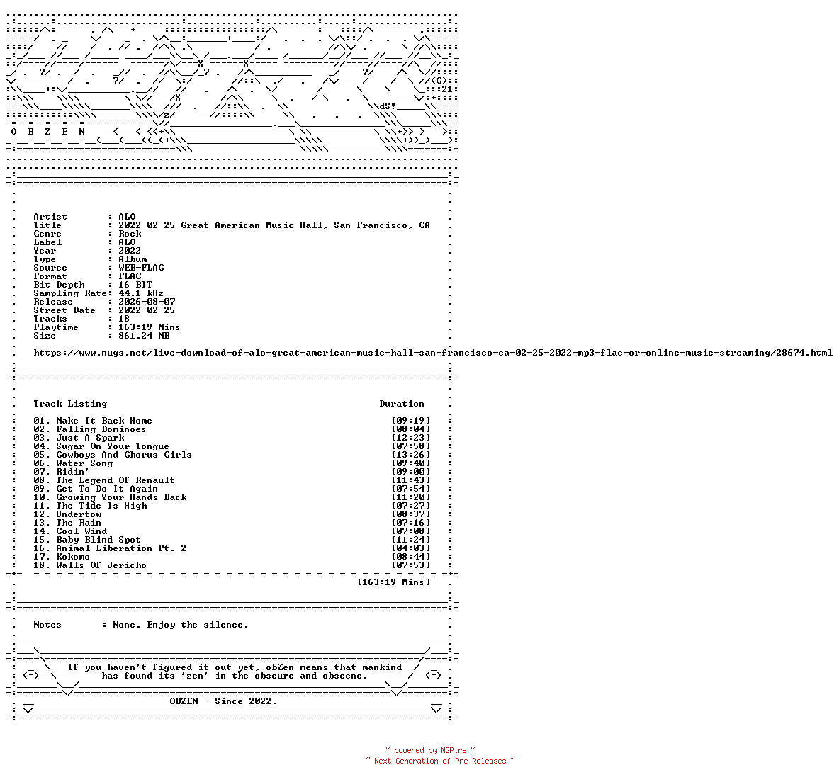 NFO for the release ALO-2022_02_25_Great_American_Music_Hall_San_Francisco_CA-16BIT-WEB-FLAC-2022-OBZEN by OBZEN