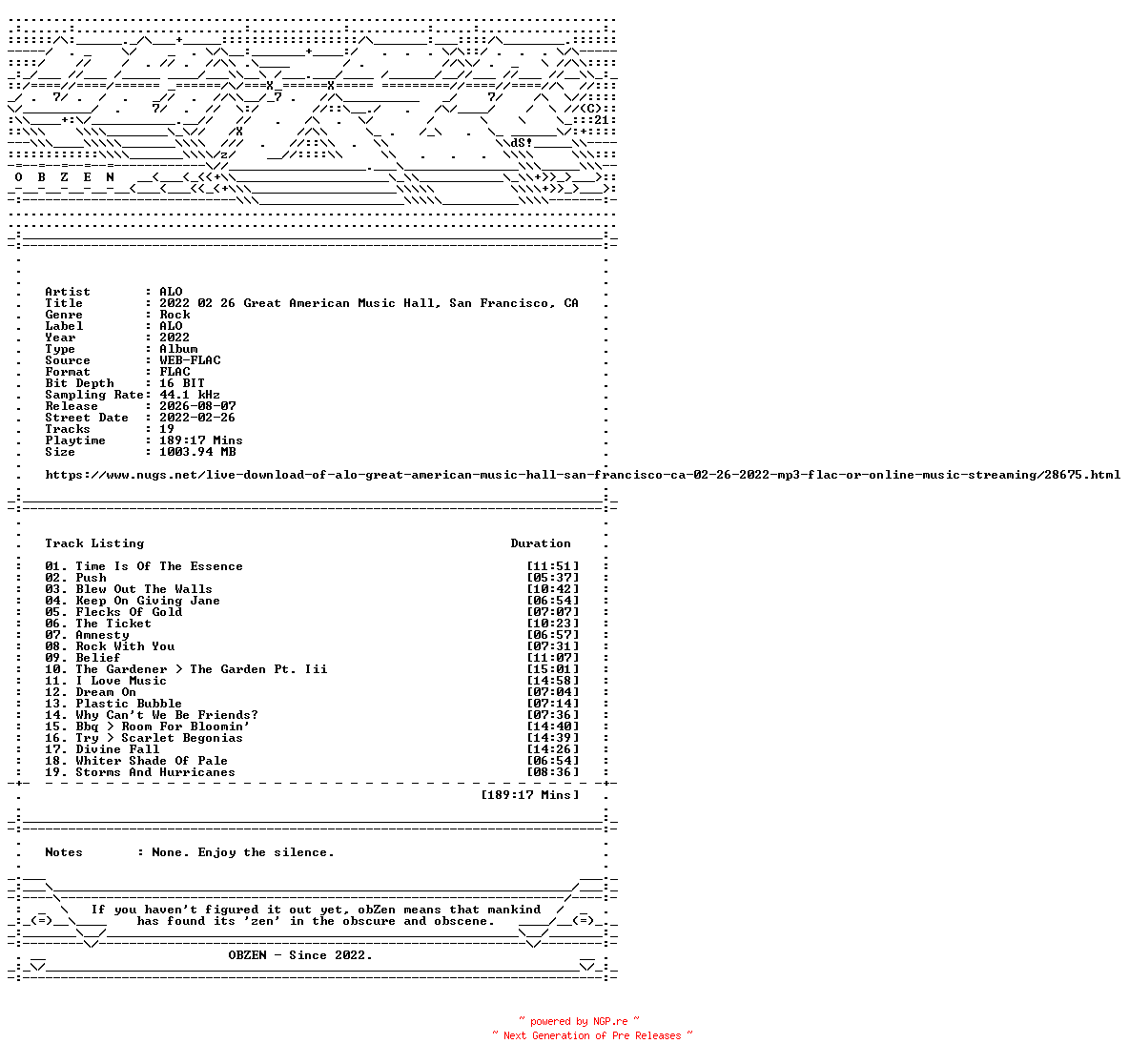 NFO for the release ALO-2022_02_26_Great_American_Music_Hall_San_Francisco_CA-16BIT-WEB-FLAC-2022-OBZEN by OBZEN
