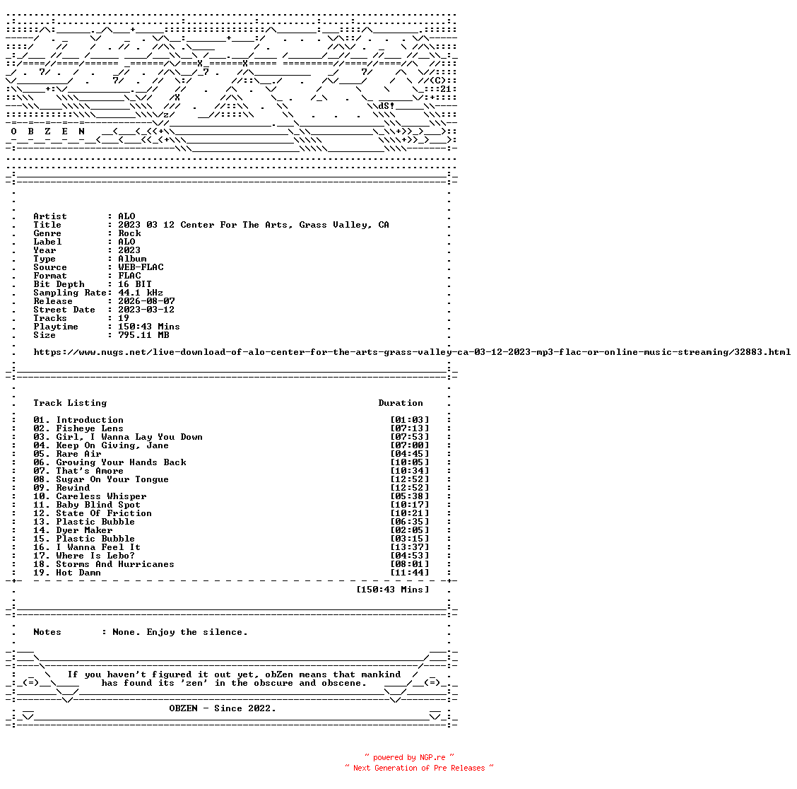 NFO for the release ALO-2023_03_12_Center_For_The_Arts_Grass_Valley_CA-16BIT-WEB-FLAC-2023-OBZEN by OBZEN