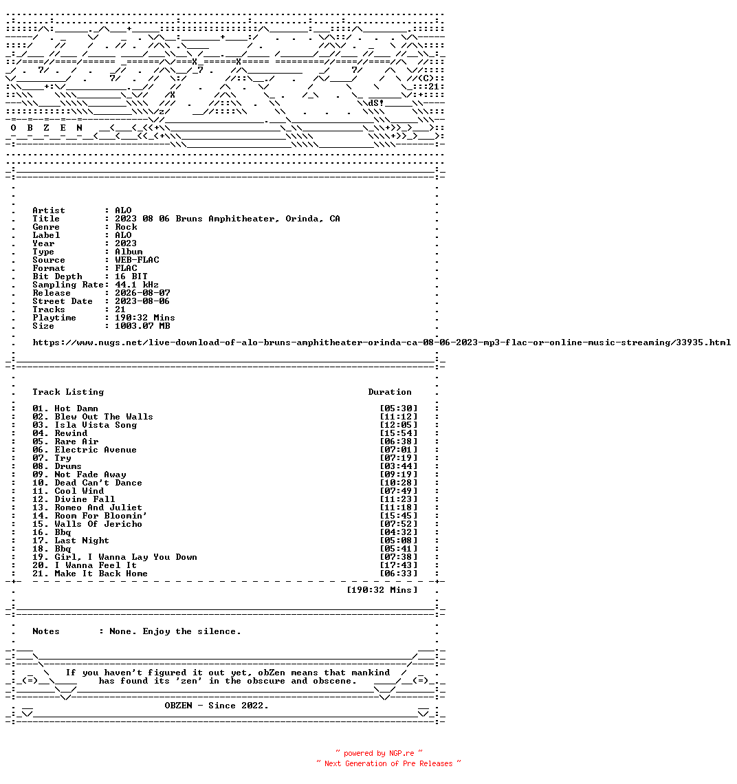 NFO for the release ALO-2023_08_06_Bruns_Amphitheater_Orinda_CA-16BIT-WEB-FLAC-2023-OBZEN by OBZEN