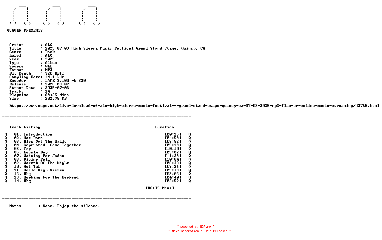 NFO for the release ALO-2025_07_03_High_Sierra_Music_Festival_Grand_Stand_Stage_Quincy_CA-WEB-2025-QUAVER by QUAVER