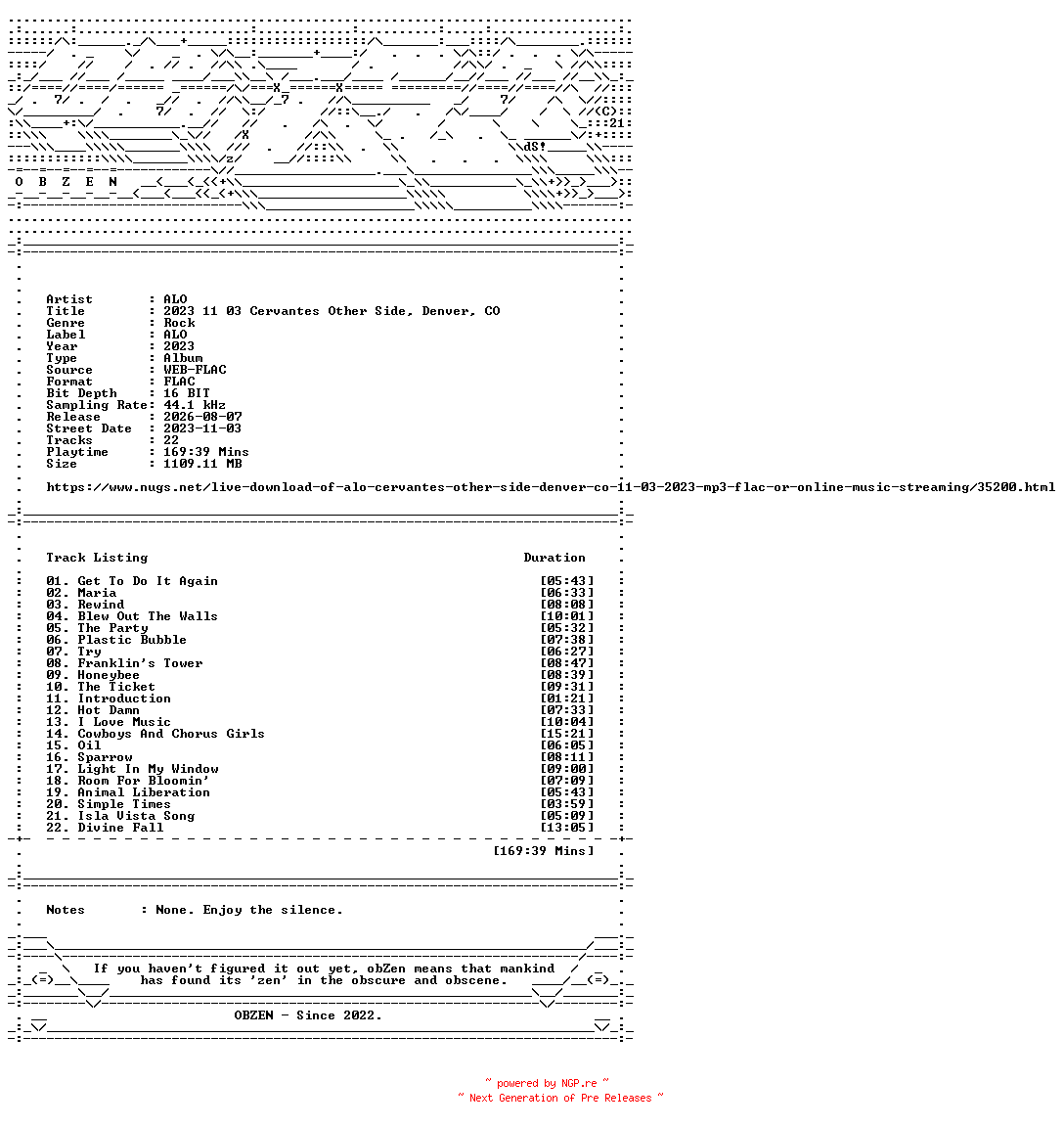 NFO for the release ALO-2023_11_03_Cervantes_Other_Side_Denver_CO-16BIT-WEB-FLAC-2023-OBZEN by OBZEN