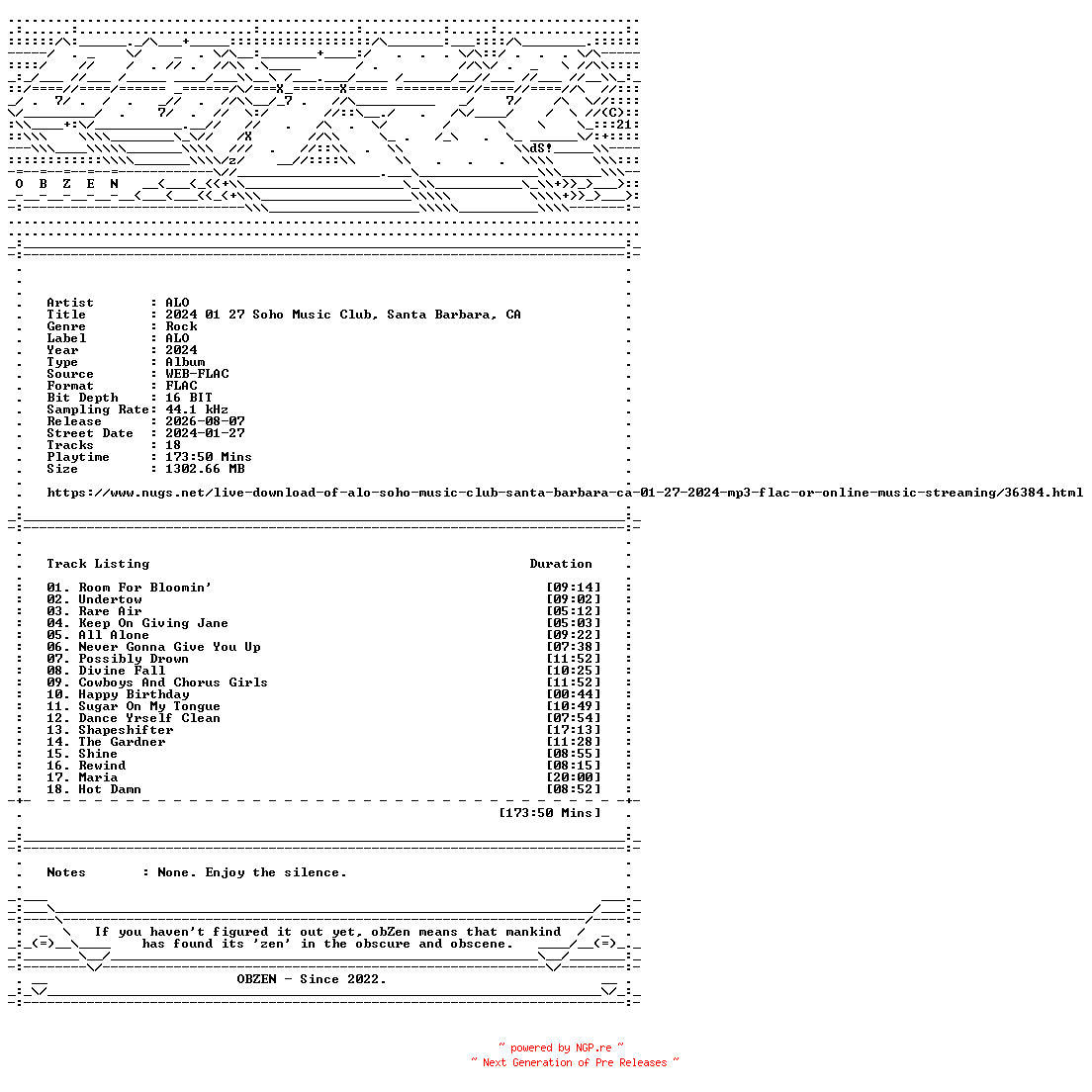 NFO for the release ALO-2024_01_27_Soho_Music_Club_Santa_Barbara_CA-16BIT-WEB-FLAC-2024-OBZEN by OBZEN