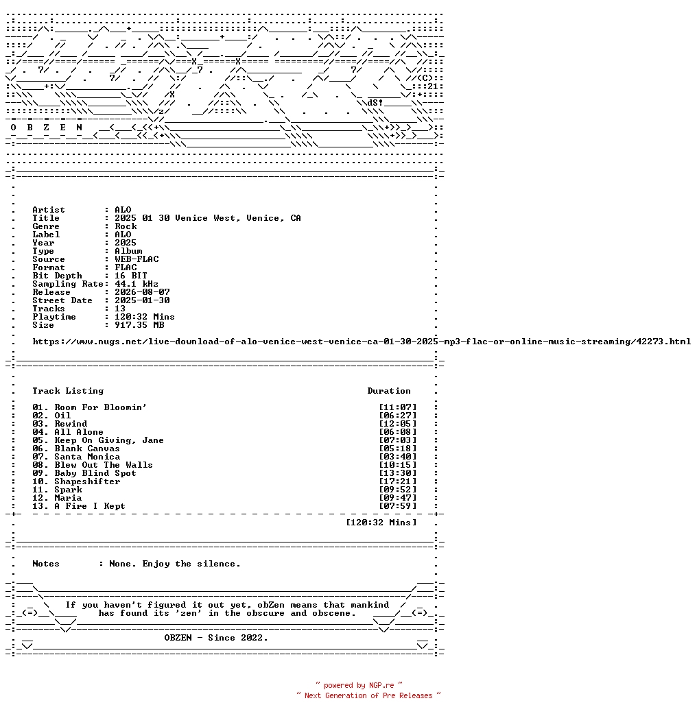 NFO for the release ALO-2025_01_30_Venice_West_Venice_CA-16BIT-WEB-FLAC-2025-OBZEN by OBZEN
