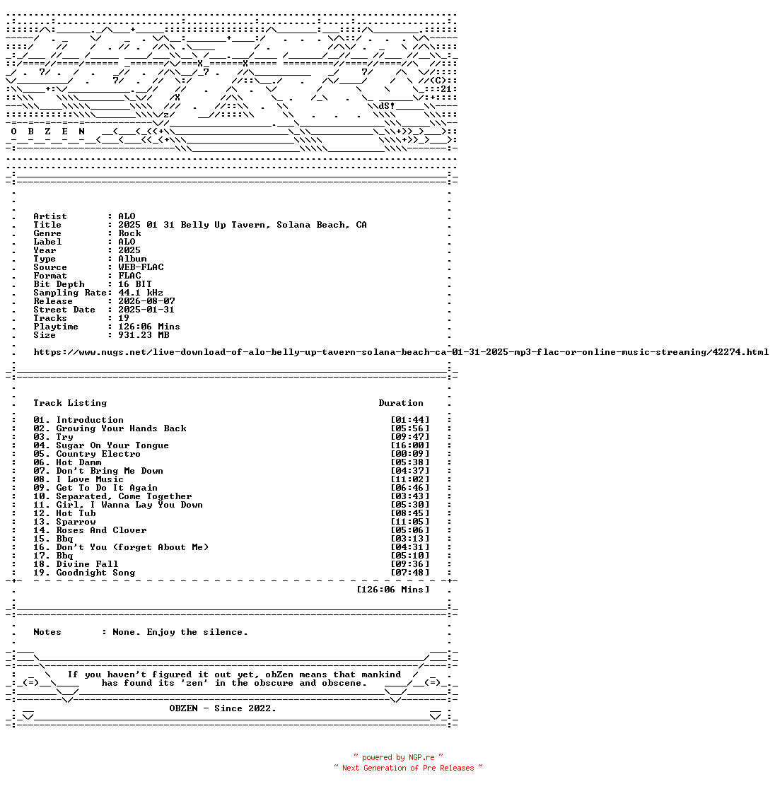 NFO for the release ALO-2025_01_31_Belly_Up_Tavern_Solana_Beach_CA-16BIT-WEB-FLAC-2025-OBZEN by OBZEN