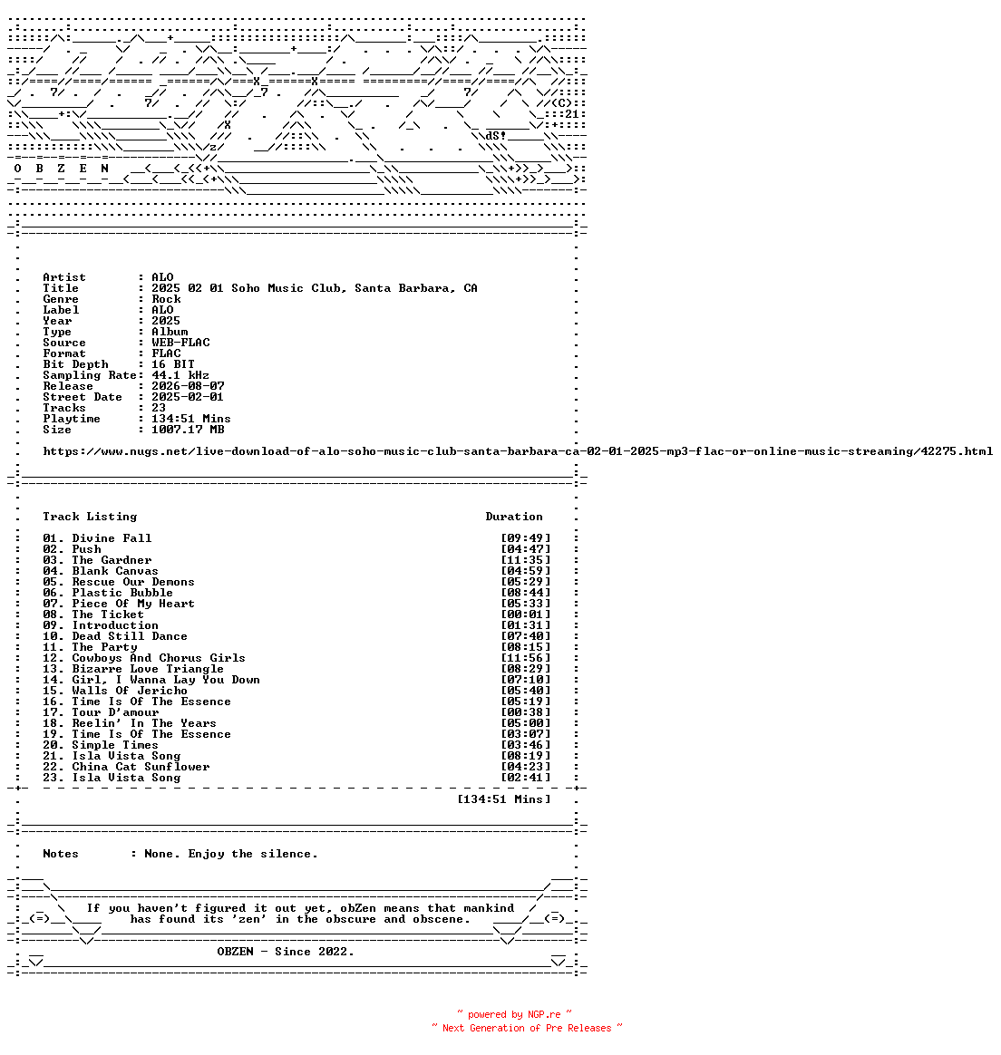 NFO for the release ALO-2025_02_01_Soho_Music_Club_Santa_Barbara_CA-16BIT-WEB-FLAC-2025-OBZEN by OBZEN