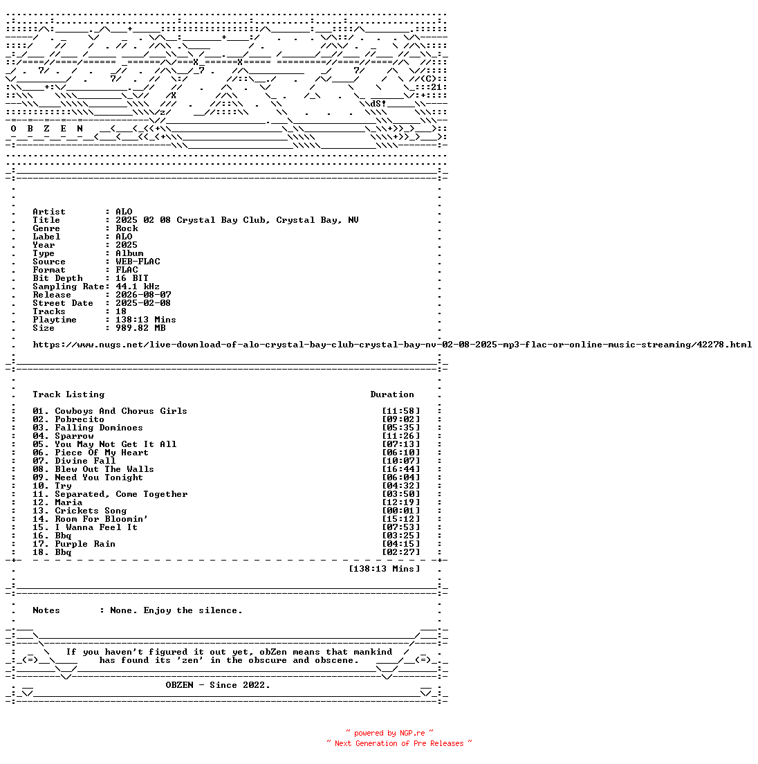 NFO for the release ALO-2025_02_08_Crystal_Bay_Club_Crystal_Bay_NV-16BIT-WEB-FLAC-2025-OBZEN by OBZEN