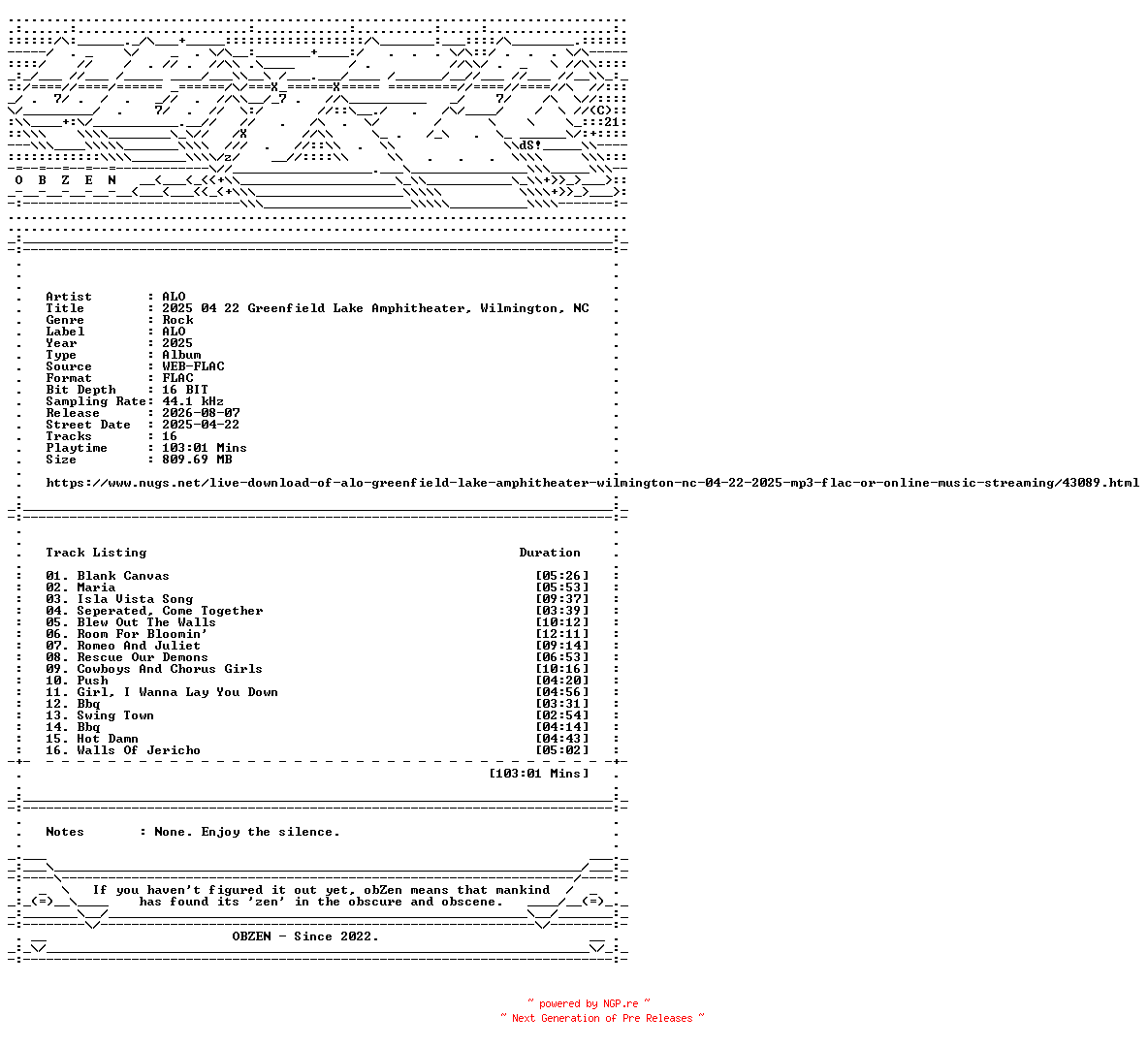 NFO for the release ALO-2025_04_22_Greenfield_Lake_Amphitheater_Wilmington_NC-16BIT-WEB-FLAC-2025-OBZEN by OBZEN