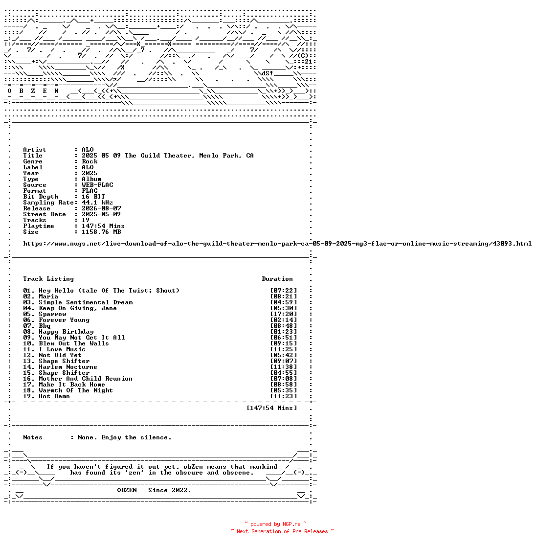 NFO for the release ALO-2025_05_09_The_Guild_Theater_Menlo_Park_CA-16BIT-WEB-FLAC-2025-OBZEN by OBZEN