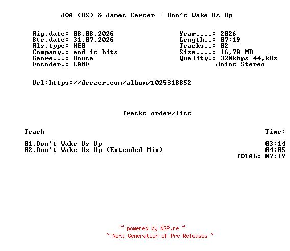 NFO for the release JOA_(US)_And_James_Carter_-_Dont_Wake_Us_Up-(AIH002E)-WEB-2026-FMC by FMC