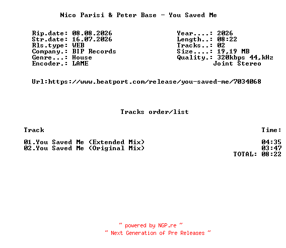 NFO for the release Nico_Parisi_And_Peter_Base_-_You_Saved_Me-(BIPCLUB4113BP)-WEB-2026-FMC by FMC