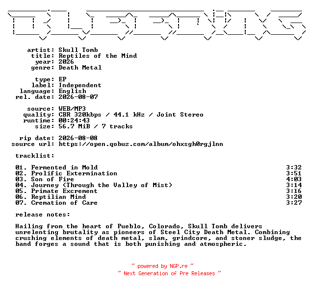 NFO for the release Skull_Tomb-Reptiles_of_the_Mind-EP-WEB-2026-BLEEDiNG by BLEEDiNG