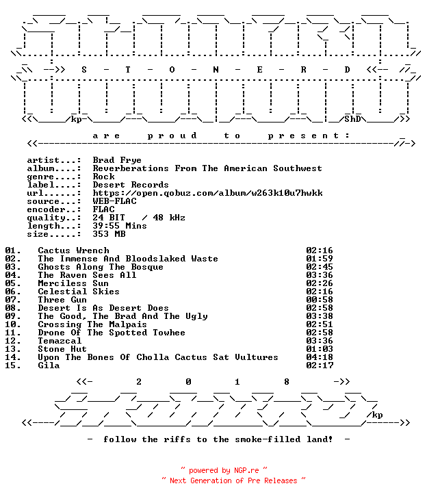 NFO for the release Brad_Frye-Reverberations_From_The_American_Southwest-24BIT-WEB-FLAC-2026-STONERD by STONERD