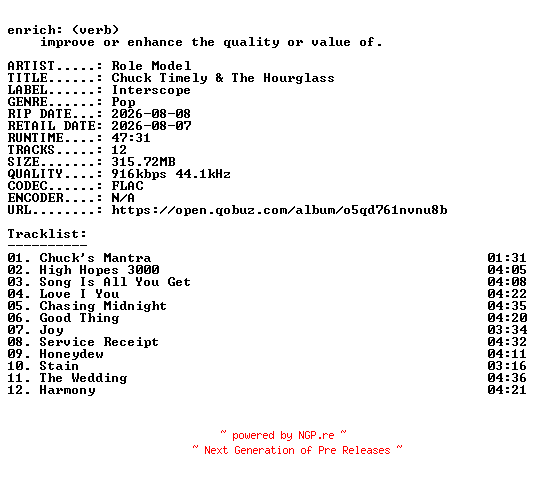 NFO for the release Role_Model-Chuck_Timely_and_The_Hourglass-16BIT-WEB-FLAC-2026-ENRiCH by ENRiCH