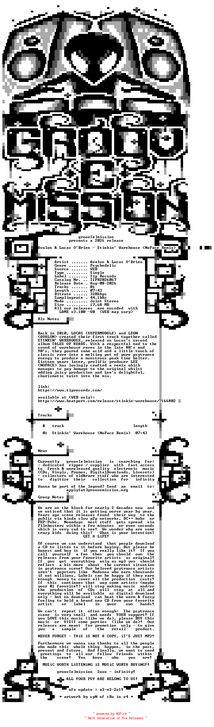 NFO for the release Avalon_and_Lucas_Obrien_-_Stinkin_Warehouse_(NoFace_Remix)-(TIPR2026067)-SINGLE-WEB-2026-gEm by gEm