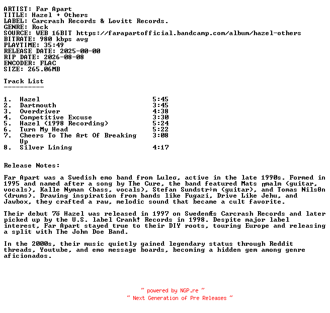 NFO for the release Far_Apart-Hazel_And_Others-16BIT-WEB-FLAC-2025-SDR by SDR