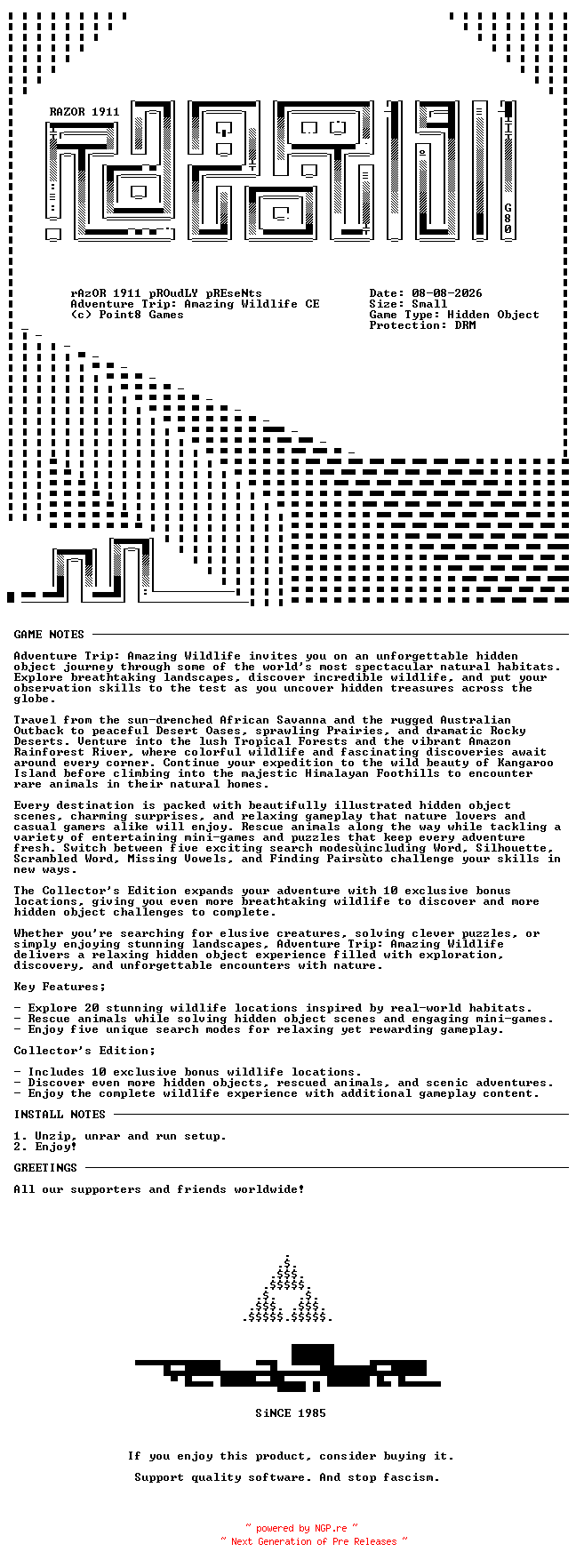 NFO for the release Adventure_Trip_Amazing_Wildlife_Collectors_Edition-RAZOR by RAZOR