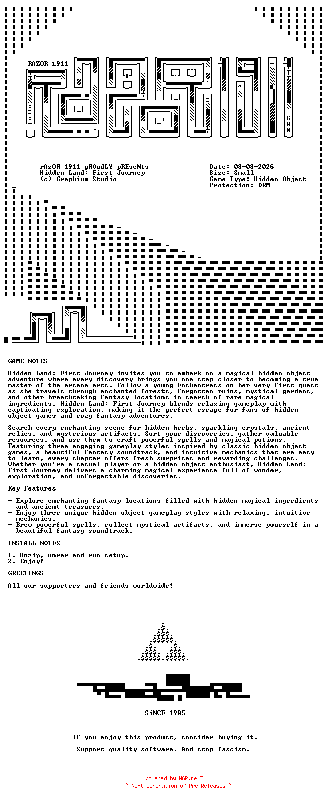 NFO for the release Hidden_Land_First_Journey-RAZOR by RAZOR