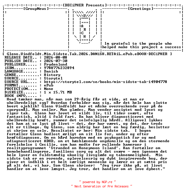 NFO for the release Glenn.Vindfeldt.Min.Sidste.Tak.2026.DANiSH.RETAiL.ePub.eBOOK-DECiPHER by DECiPHER