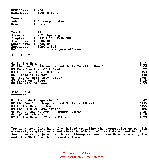 NFO for the release Yes-From_A_Page-REMASTERED_EXPANDED_EDITION-2CD-FLAC-2026-401 by 401
