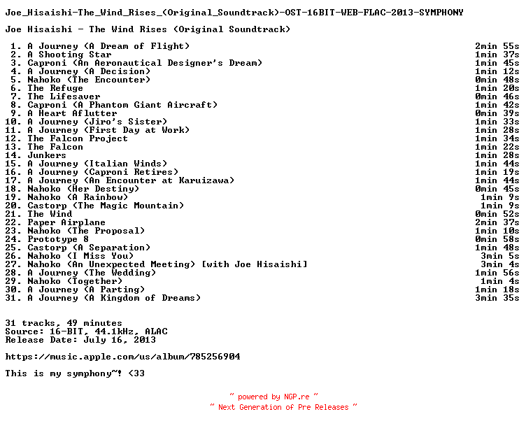 NFO for the release Joe_Hisaishi-The_Wind_Rises_(Original_Soundtrack)-OST-16BIT-WEB-FLAC-2013-SYMPHONY by SYMPHONY