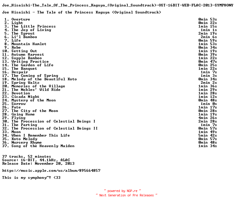 NFO for the release Joe_Hisaishi-The_Tale_Of_The_Princess_Kaguya_(Original_Soundtrack)-OST-16BIT-WEB-FLAC-2013-SYMPHONY by SYMPHONY