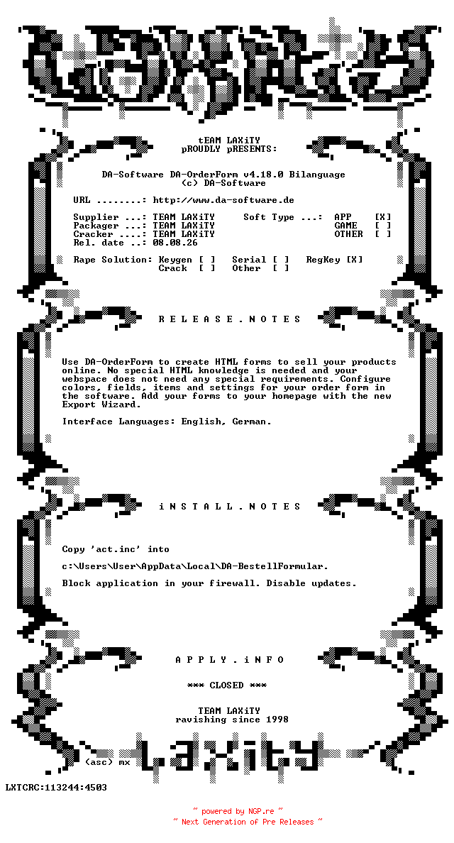 NFO for the release DA-Software.DA-OrderForm.v4.18.0.Bilanguage-LAXiTY by LAXiTY