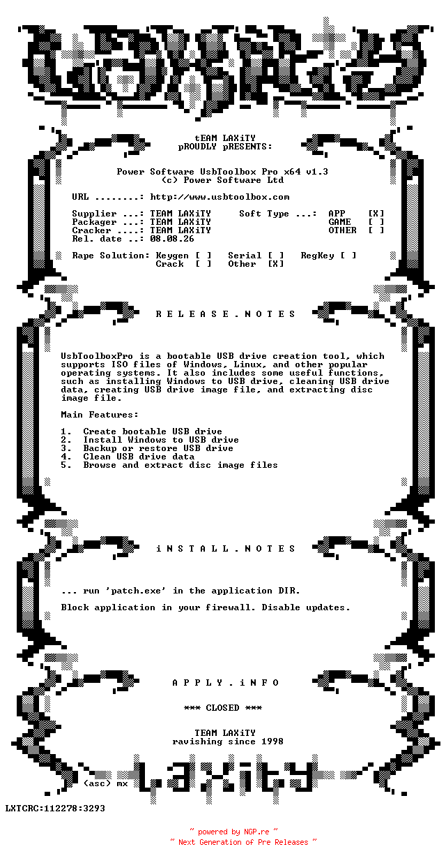 NFO for the release Power.Software.UsbToolbox.Pro.x64.v1.3-LAXiTY by LAXiTY