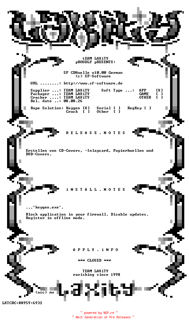NFO for the release SF.CDHuelle.v10.00.German.incl.Keygen-LAXiTY by LAXiTY