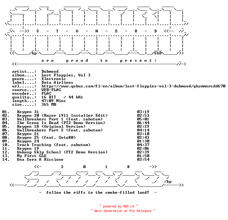 NFO for the release Dubmood-Lost_Floppies_Vol_3-16BIT-WEB-FLAC-2026-STONERD by STONERD