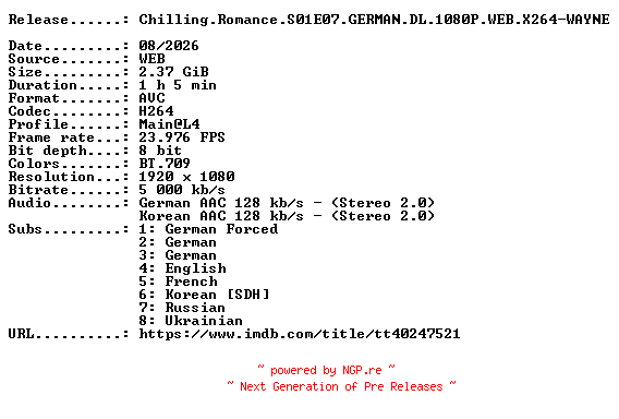 NFO for the release Chilling.Romance.S01E07.GERMAN.DL.1080P.WEB.X264-WAYNE by WAYNE